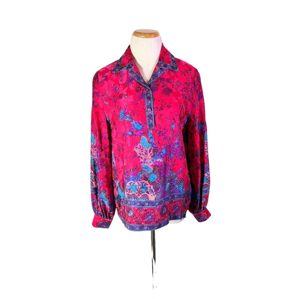 Vintage 80s Umi Collections by Anne Crimmins Size 12 Silk Blouse Peacock